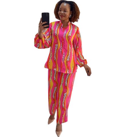 African Printed Long-sleeved Shirt With Elastic Suits