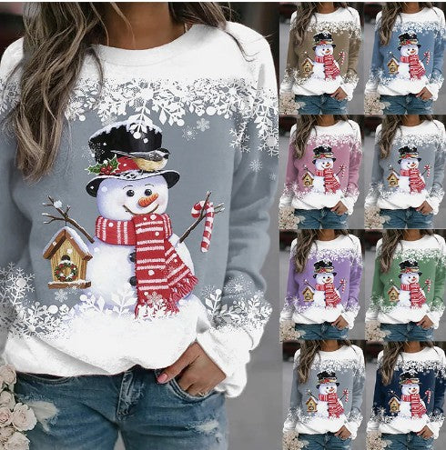 Women's Christmas Snowman Printed Long-sleeved Casual Loose Blouses