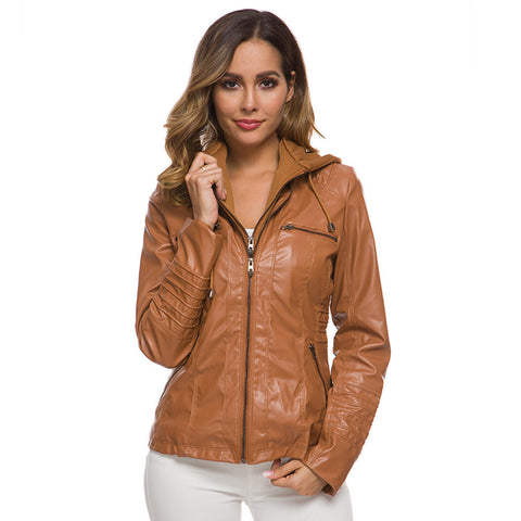 Women's Detachable Hooded Zipper Solid Color Leather Jackets