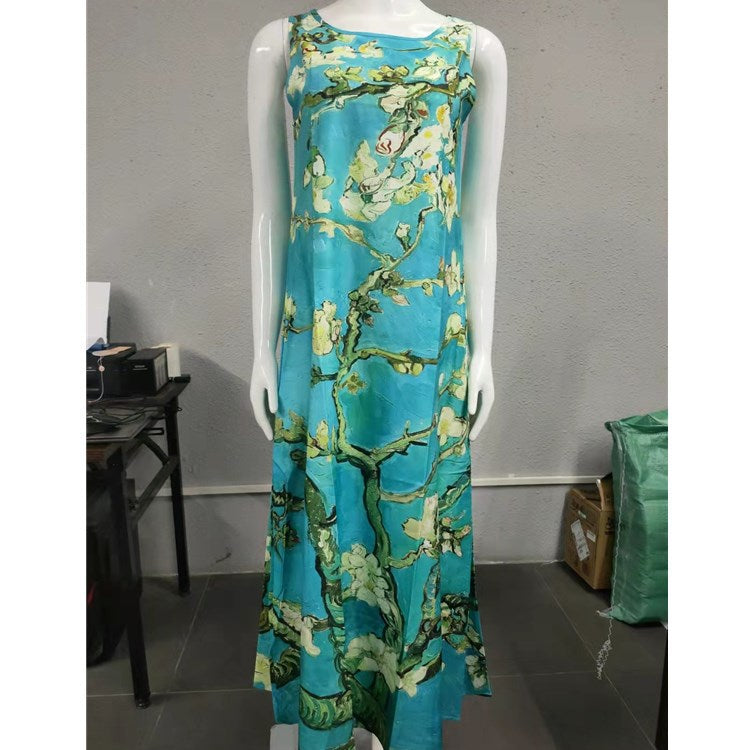 Women's Summer Popular Flower Round Neck Sleeveless Loose Printed Long Dresses