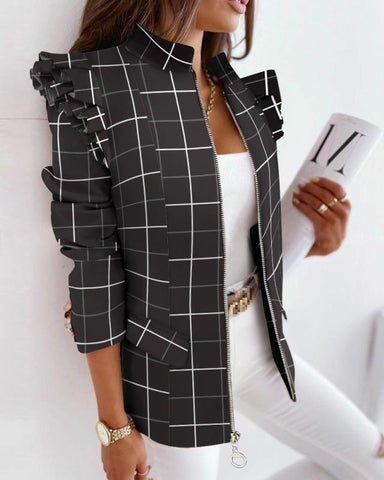 Women's Ruffled Long Sleeve Zipper Print Blazers