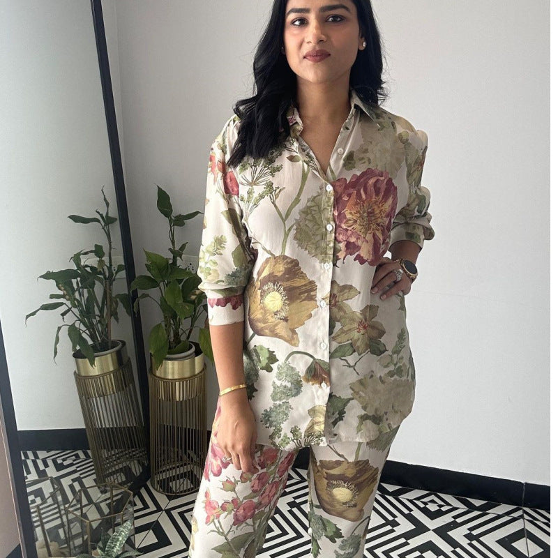 Women's Shirt Cropped Fashion Floral Printed Two-piece Suits