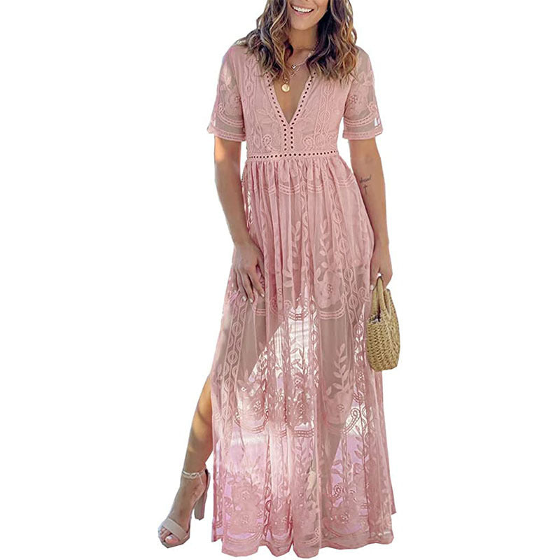 Women's V Split Holiday Embroidered Lace Hollow Dresses