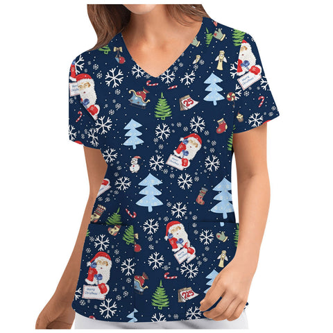 Women's Nurse Christmas Printed Shirt Sleeve Bottoming Blouses