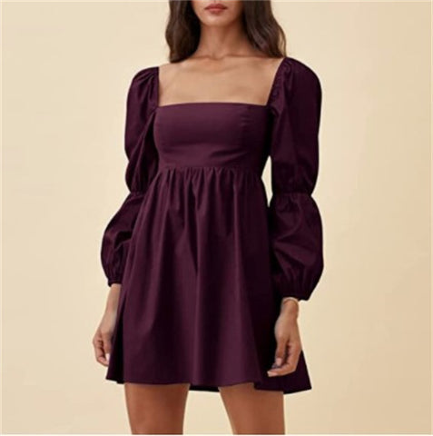 Women's Square Collar Dress Long-sleeved Bubble Casual Dresses
