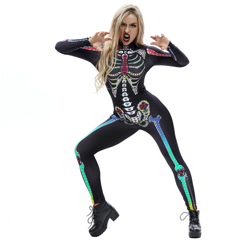 Combinaisons serrées à manches longues avec impression numérique de squelette d'Halloween pour femmes