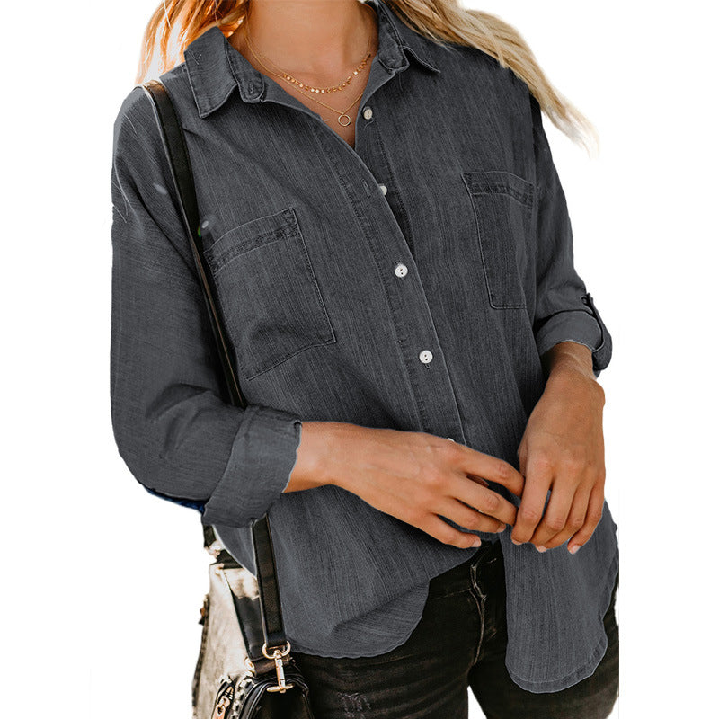 Women's Denim Shirts Loose Double Pocket Long Sleeve Coats