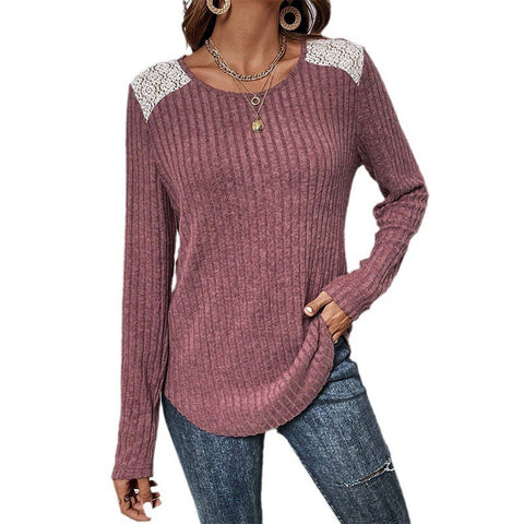 Women's T-shirt Round Neck Sunken Stripe Brushed Stitching Lace Blouses