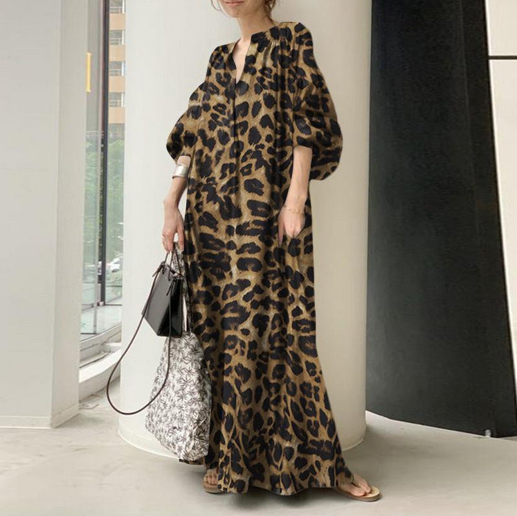 Temperament Leopard Print Printed Collar Puff Sleeve Fashion Loose Casual Dresses